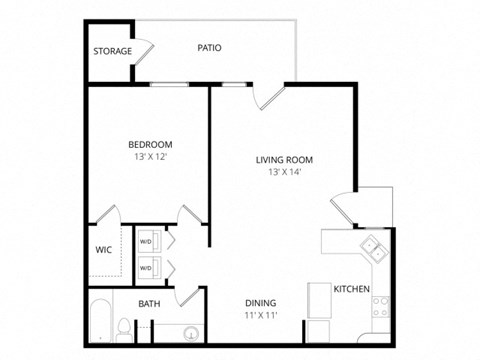 Floor plan for 1 bed, 1 bath, 725 sqft